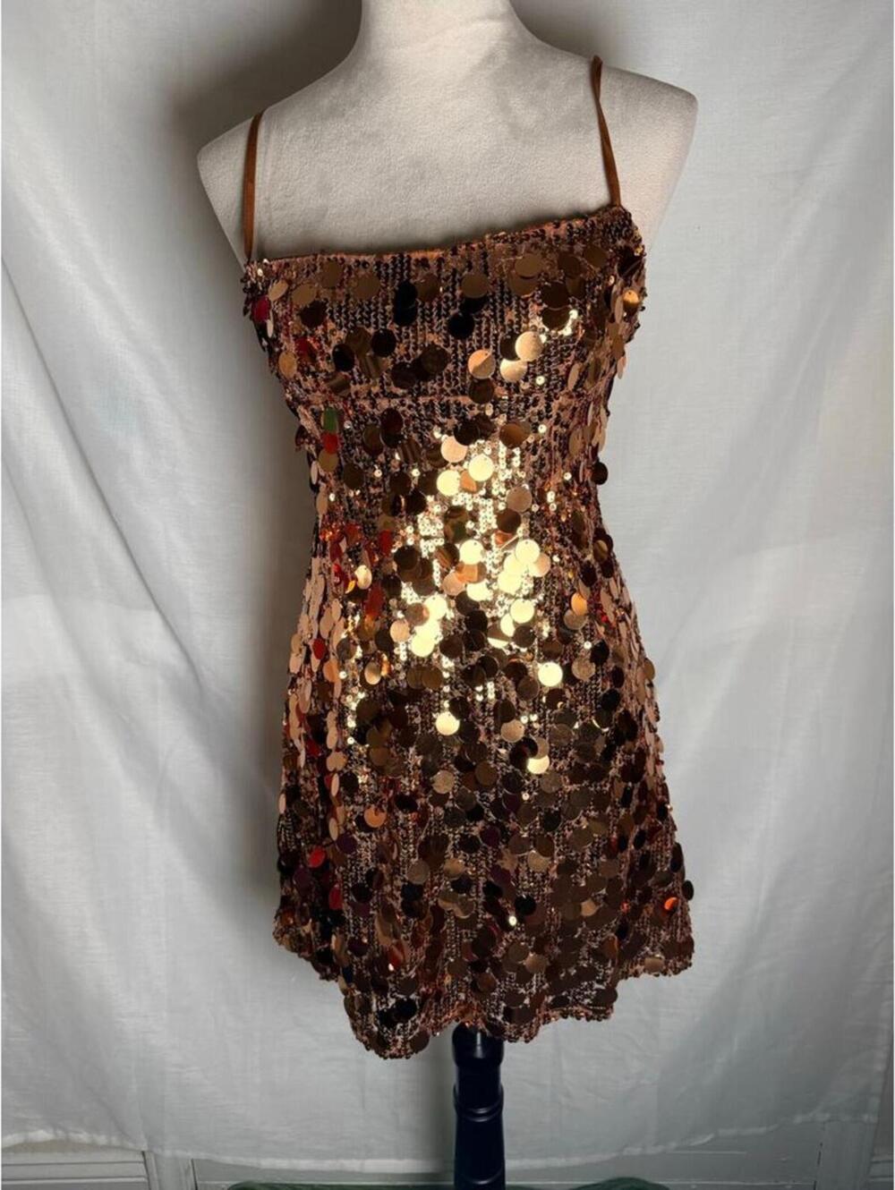 Selfie Leslie Bronze Sequin Mini Dress Lace Up Back Party Cocktail Size M NWT